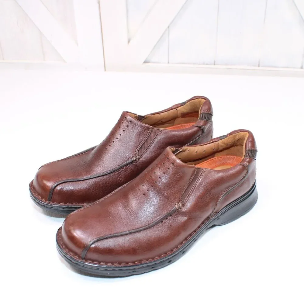 Clarks Unstructured Men's 9.5W Brown Leather Slip On Loafers
